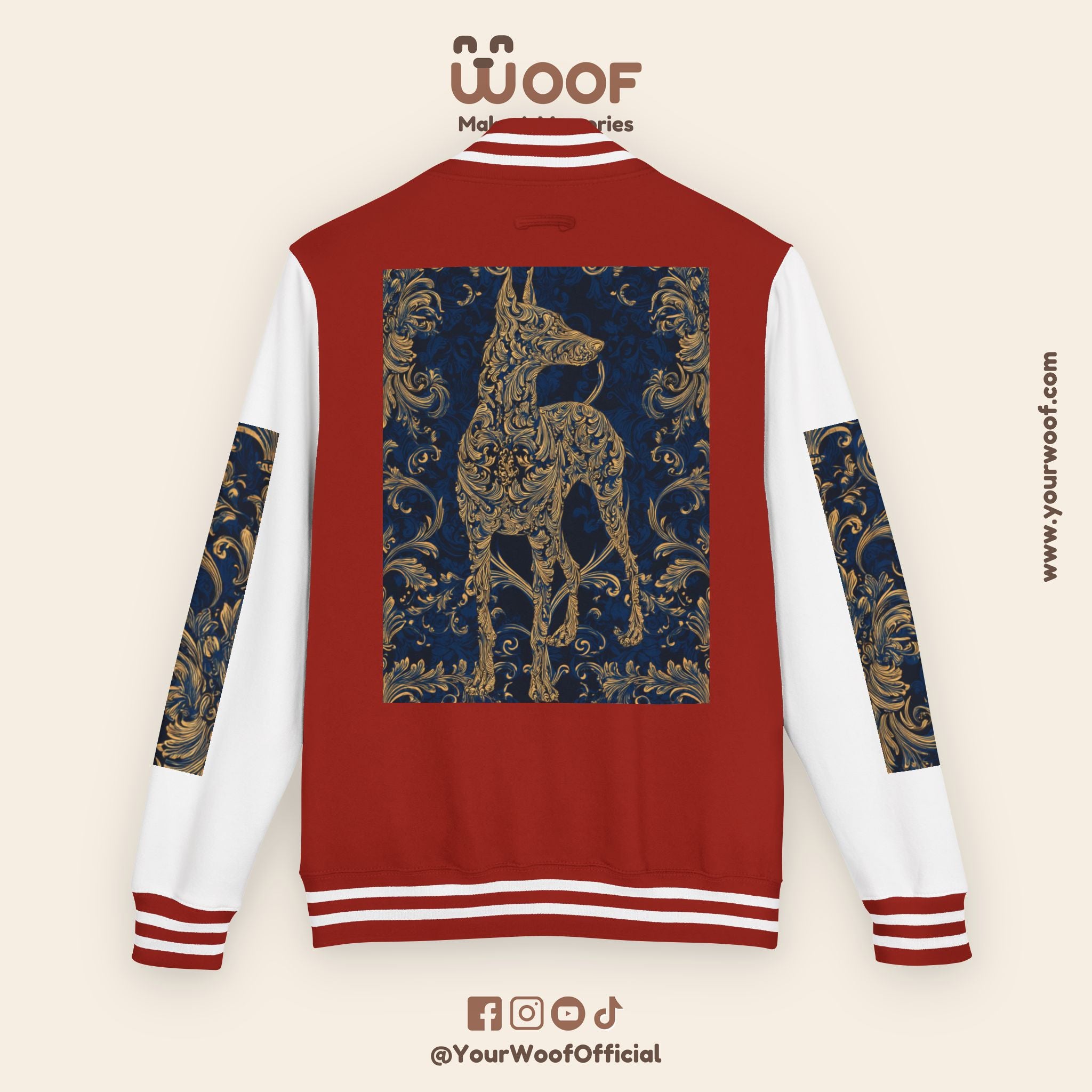 Stylish Unisex Heavyweight Letterman Jacket for Pet Lovers | Woof Design, Dog Jacket, Dog Lover Gift, Trendy Outerwear, Casual Fashion