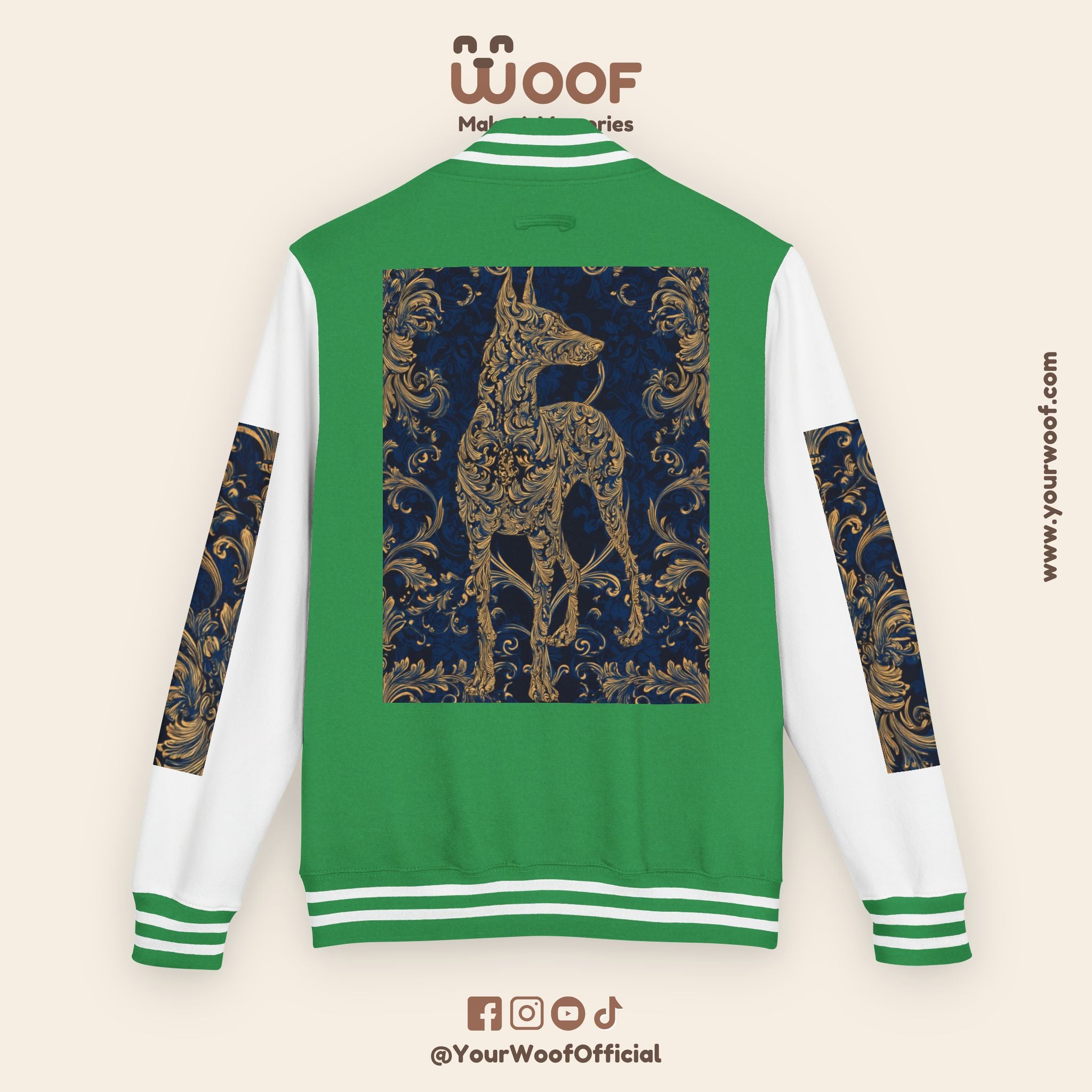 Stylish Unisex Heavyweight Letterman Jacket for Pet Lovers | Woof Design, Dog Jacket, Dog Lover Gift, Trendy Outerwear, Casual Fashion