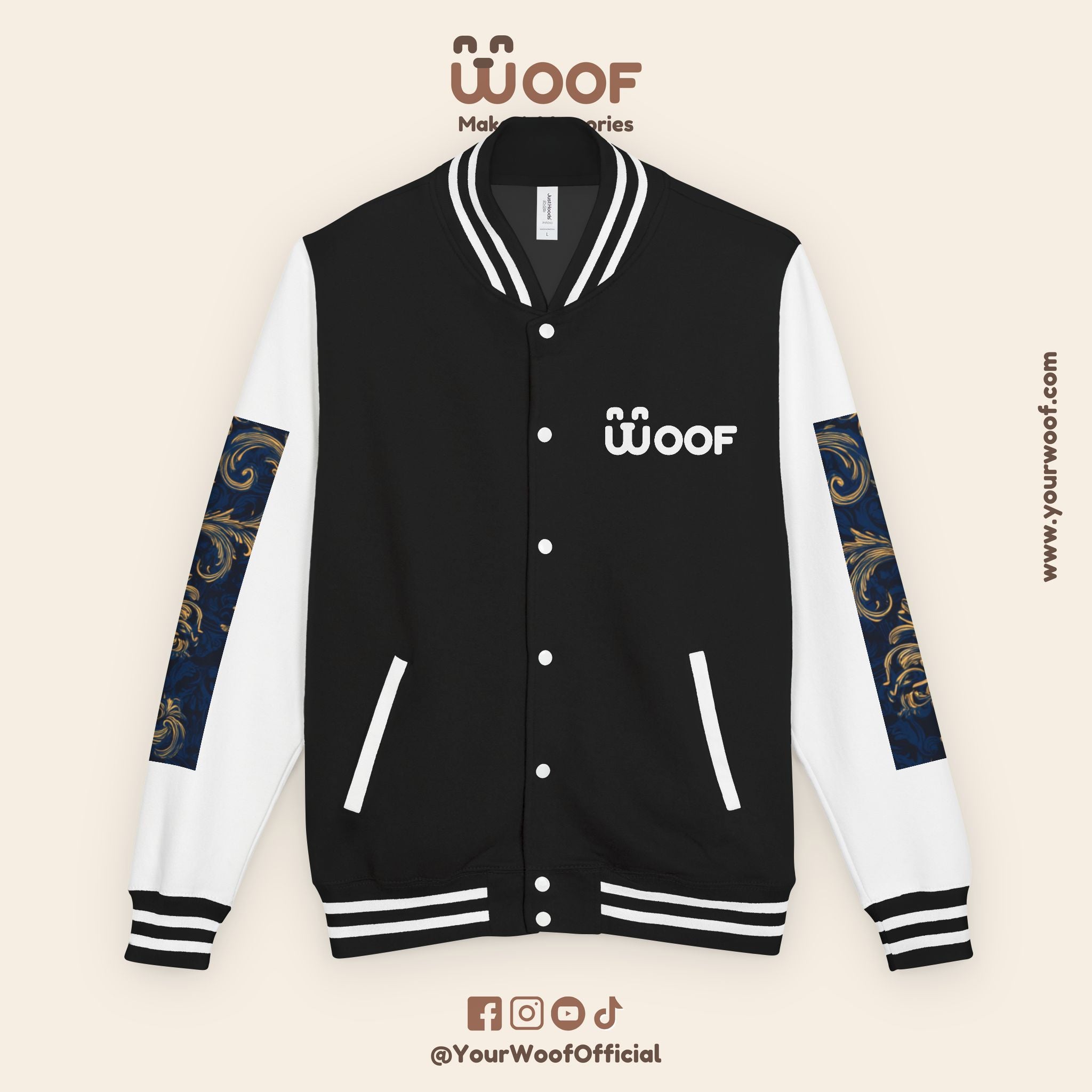 Stylish Unisex Heavyweight Letterman Jacket for Pet Lovers | Woof Design, Dog Jacket, Dog Lover Gift, Trendy Outerwear, Casual Fashion