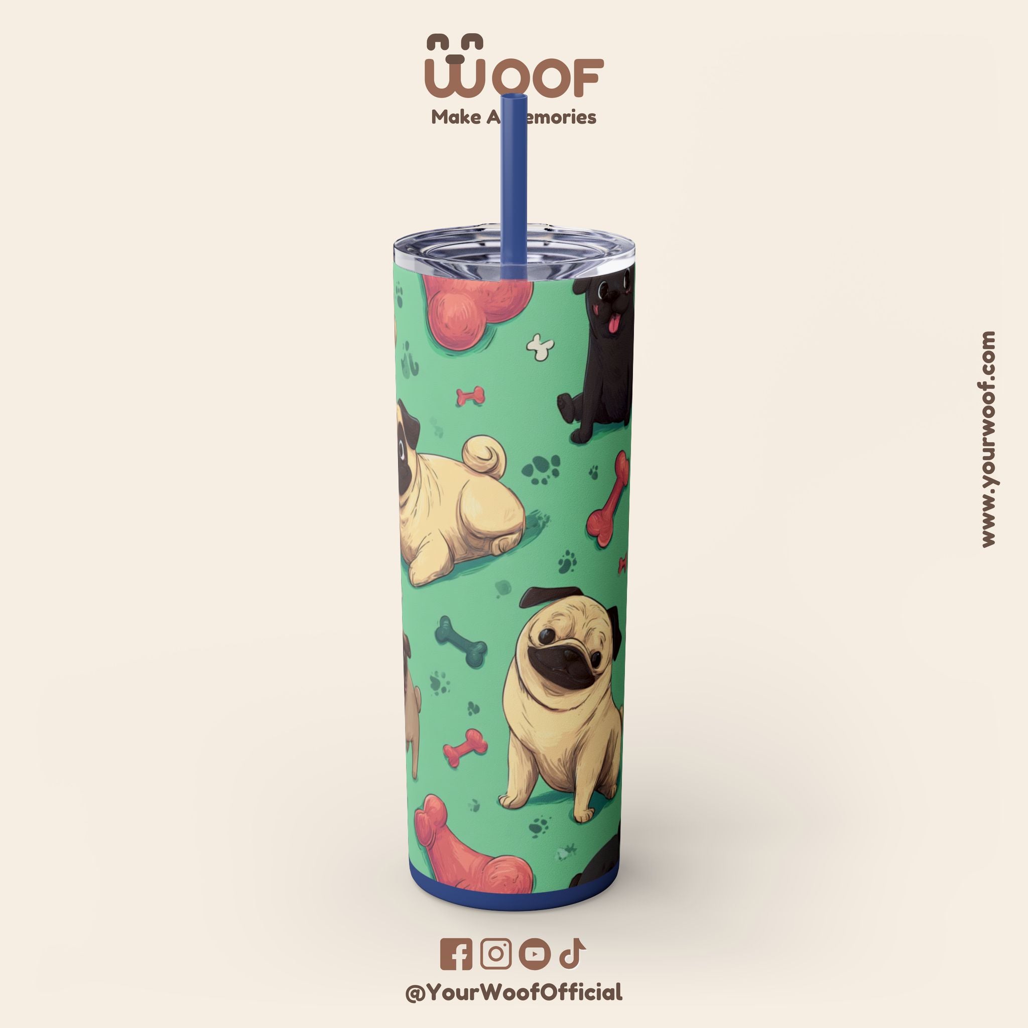 Pug Lover's 20oz Skinny Tumbler, Cute Dog Straw Cup, Pet Gift, Dog Mom Essential, Reusable Eco-Friendly Drinkware