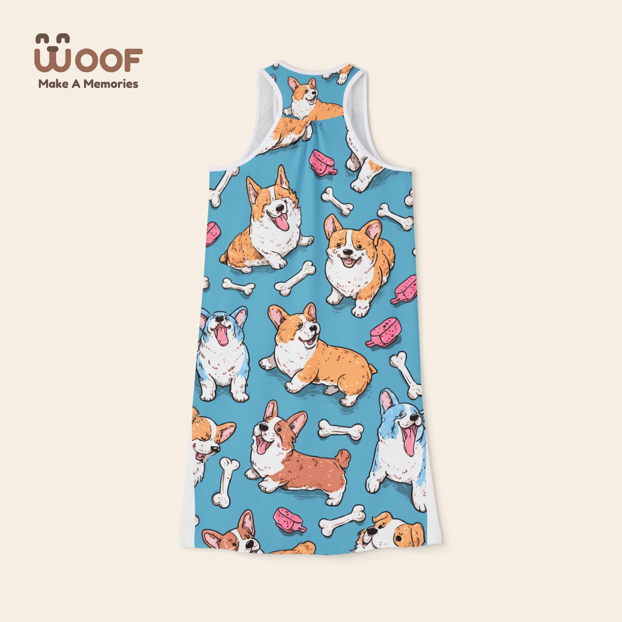 Cute Corgi Pattern Women's Racerback Dress, Dog Lover Fashion, Summer Dress, Pet-Themed Apparel, Cute Gift for Dog Owners, Fun Beachwear