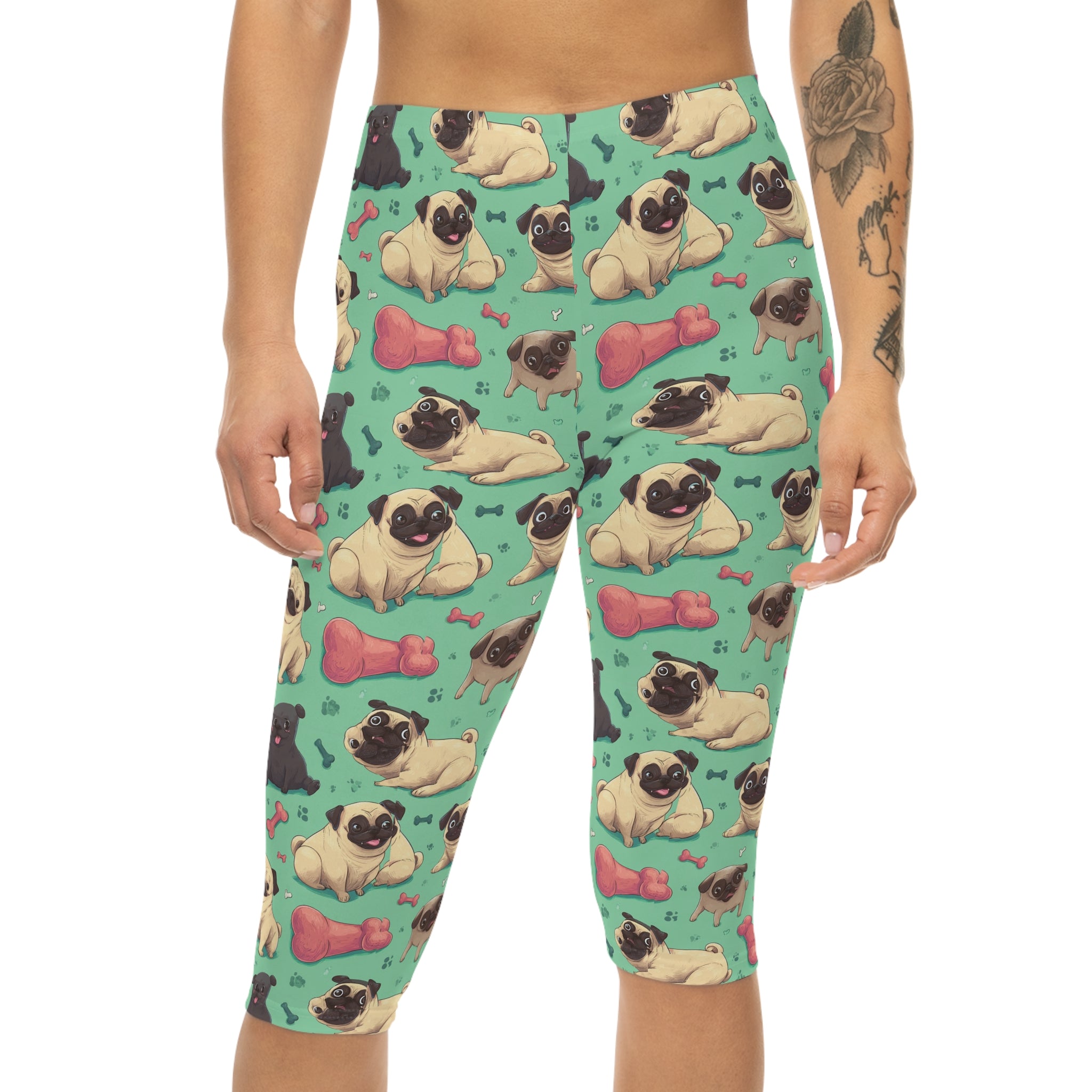 Playful Pug Pattern Capri Leggings for Women, Cute Workout Leggings, Pet Lover Apparel, Everyday Comfort, Gift for Dog Owners