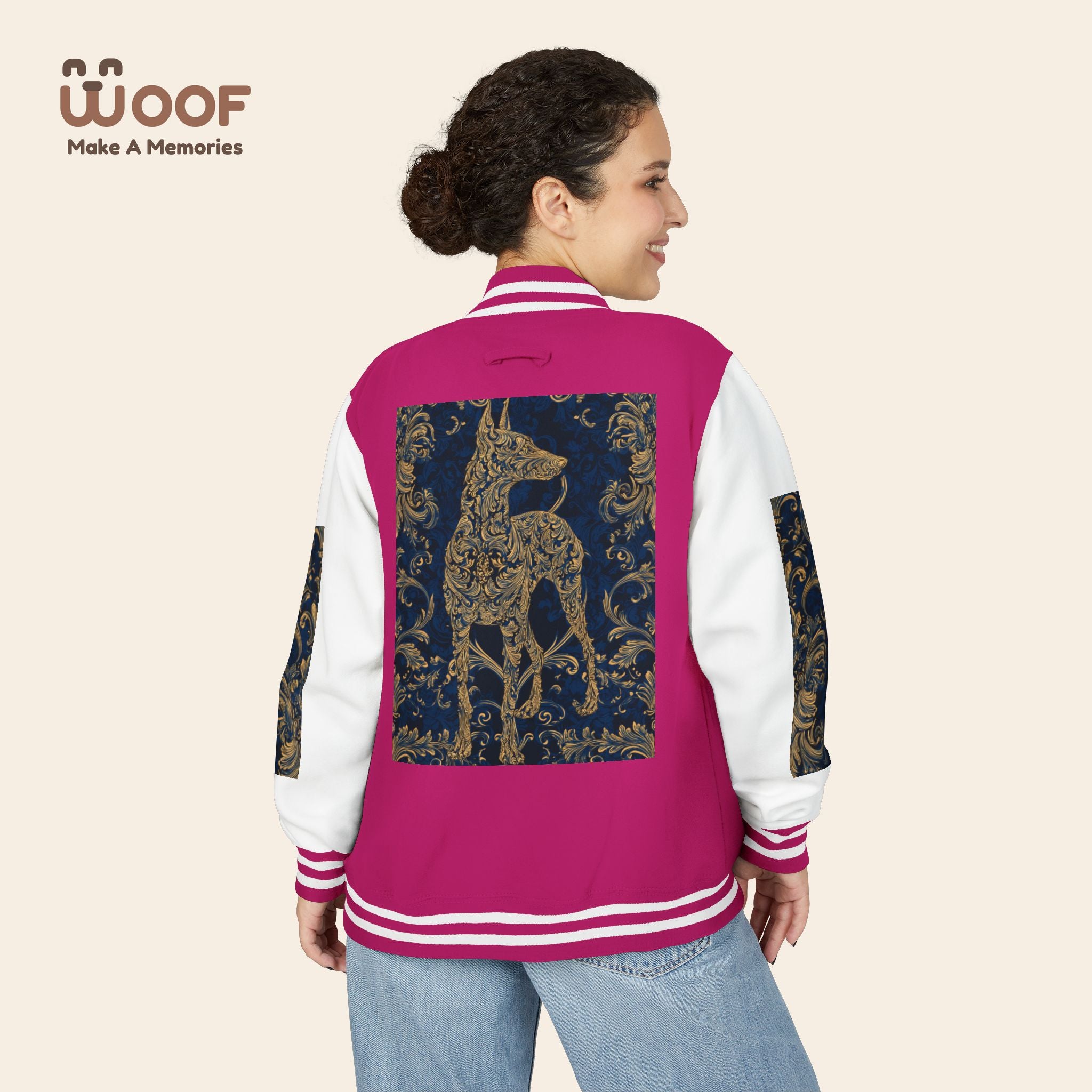 Stylish Unisex Heavyweight Letterman Jacket for Pet Lovers | Woof Design, Dog Jacket, Dog Lover Gift, Trendy Outerwear, Casual Fashion