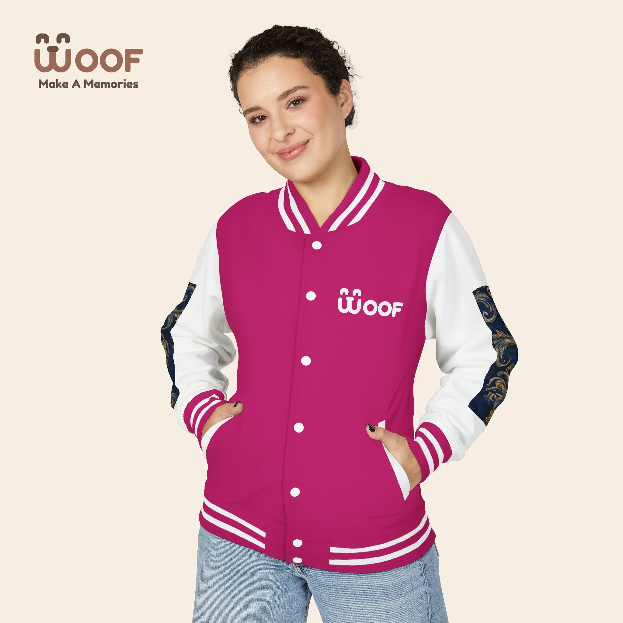 Stylish Unisex Heavyweight Letterman Jacket for Pet Lovers | Woof Design, Dog Jacket, Dog Lover Gift, Trendy Outerwear, Casual Fashion
