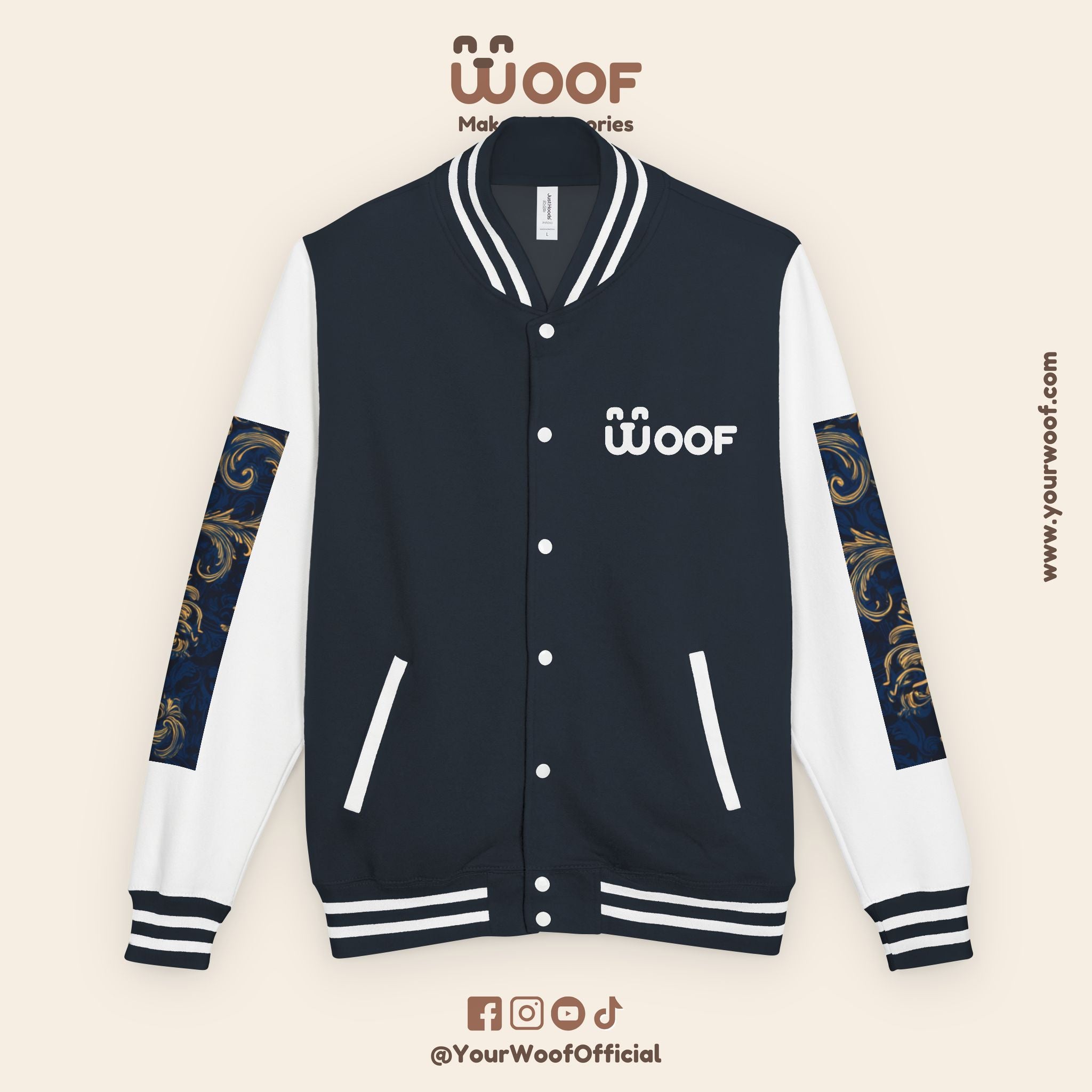 Stylish Unisex Heavyweight Letterman Jacket for Pet Lovers | Woof Design, Dog Jacket, Dog Lover Gift, Trendy Outerwear, Casual Fashion