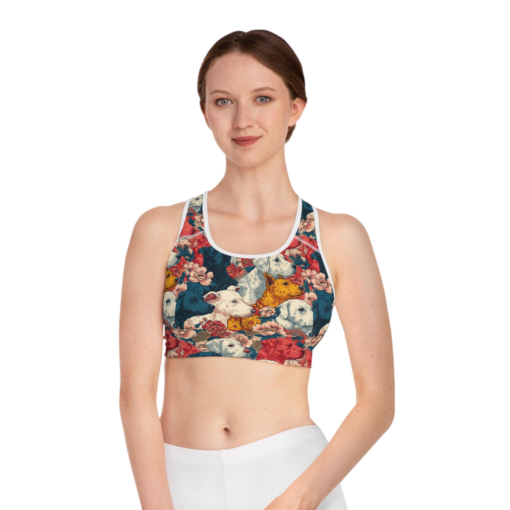 Whimsical Dog Print Sports Bra, Pet Lover Workout Top, Floral Gym Bra, Cute Activewear for Dog Moms, Gift for Dog Lovers