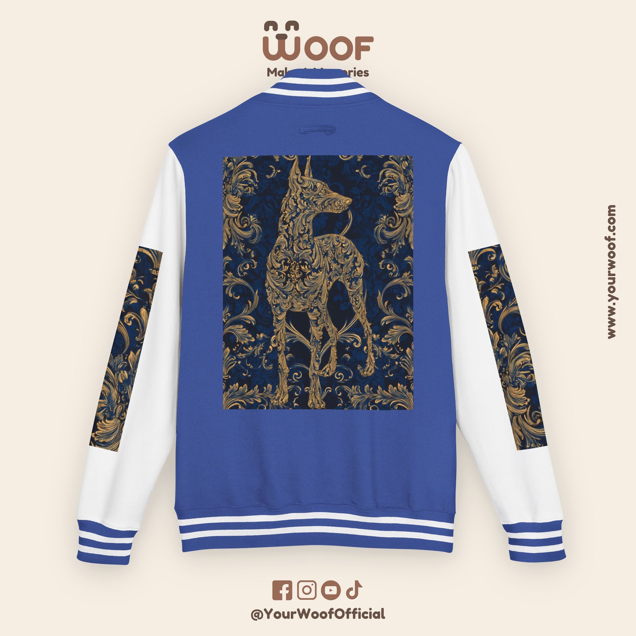 Stylish Unisex Heavyweight Letterman Jacket for Pet Lovers | Woof Design, Dog Jacket, Dog Lover Gift, Trendy Outerwear, Casual Fashion