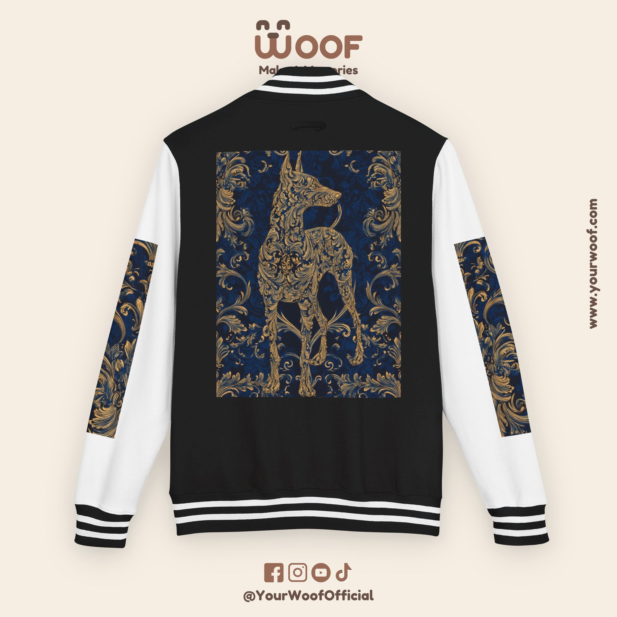 Stylish Unisex Heavyweight Letterman Jacket for Pet Lovers | Woof Design, Dog Jacket, Dog Lover Gift, Trendy Outerwear, Casual Fashion