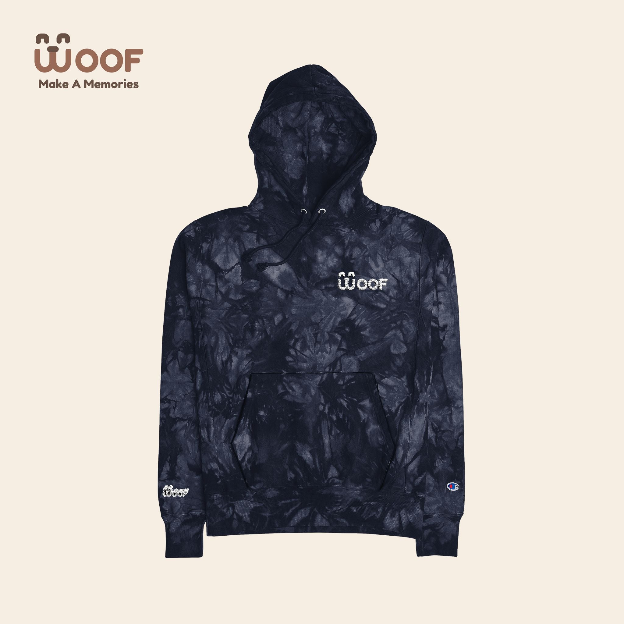 Woof Tie-Dye Hoodie, Unisex Champion Hoodie, Cozy Tie-Dye Sweatshirt, Dog Lover Apparel, Unique Gifts for Pet Owners, Casual Everyday Wear