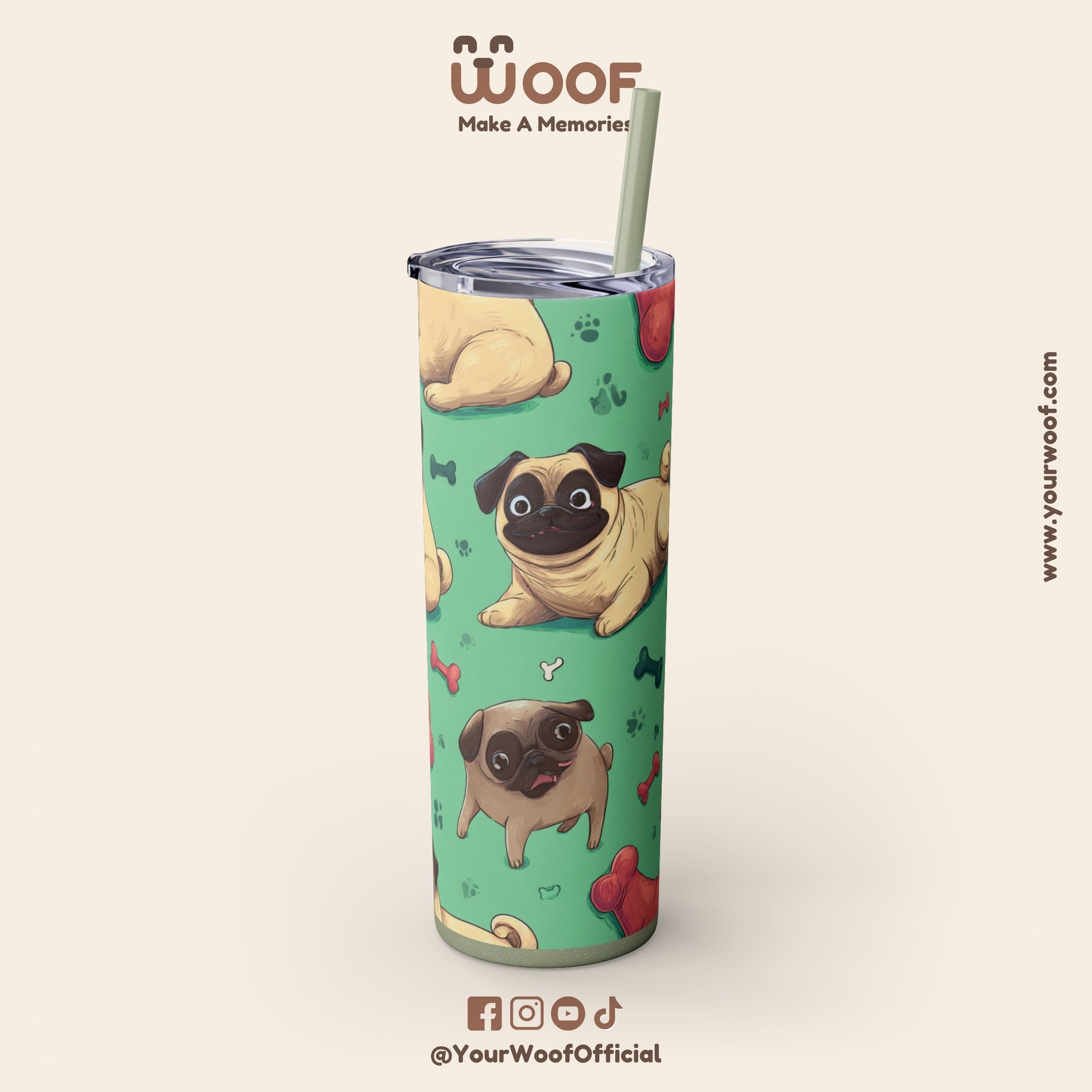 Pug Lover's 20oz Skinny Tumbler, Cute Dog Straw Cup, Pet Gift, Dog Mom Essential, Reusable Eco-Friendly Drinkware