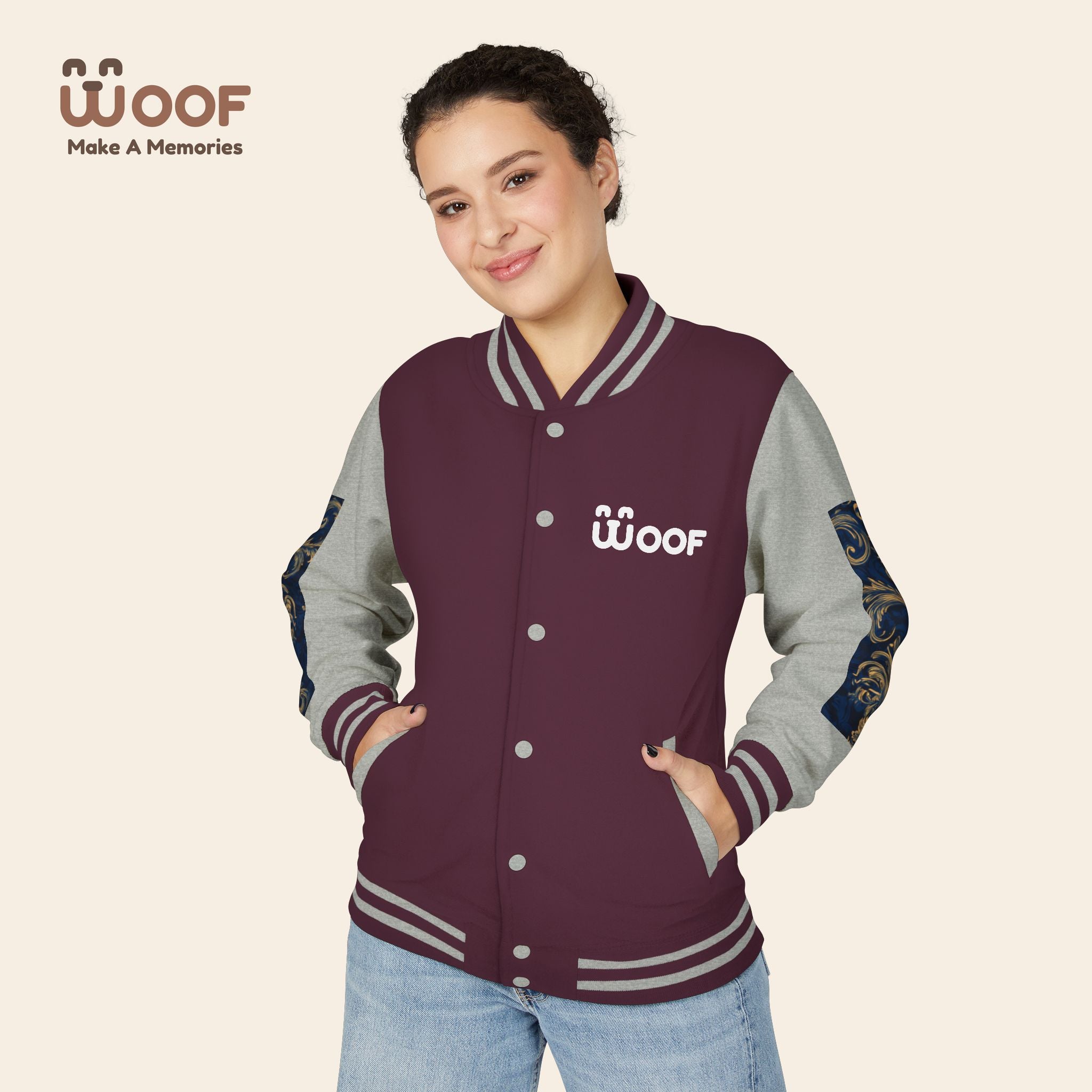 Stylish Unisex Heavyweight Letterman Jacket for Pet Lovers | Woof Design, Dog Jacket, Dog Lover Gift, Trendy Outerwear, Casual Fashion