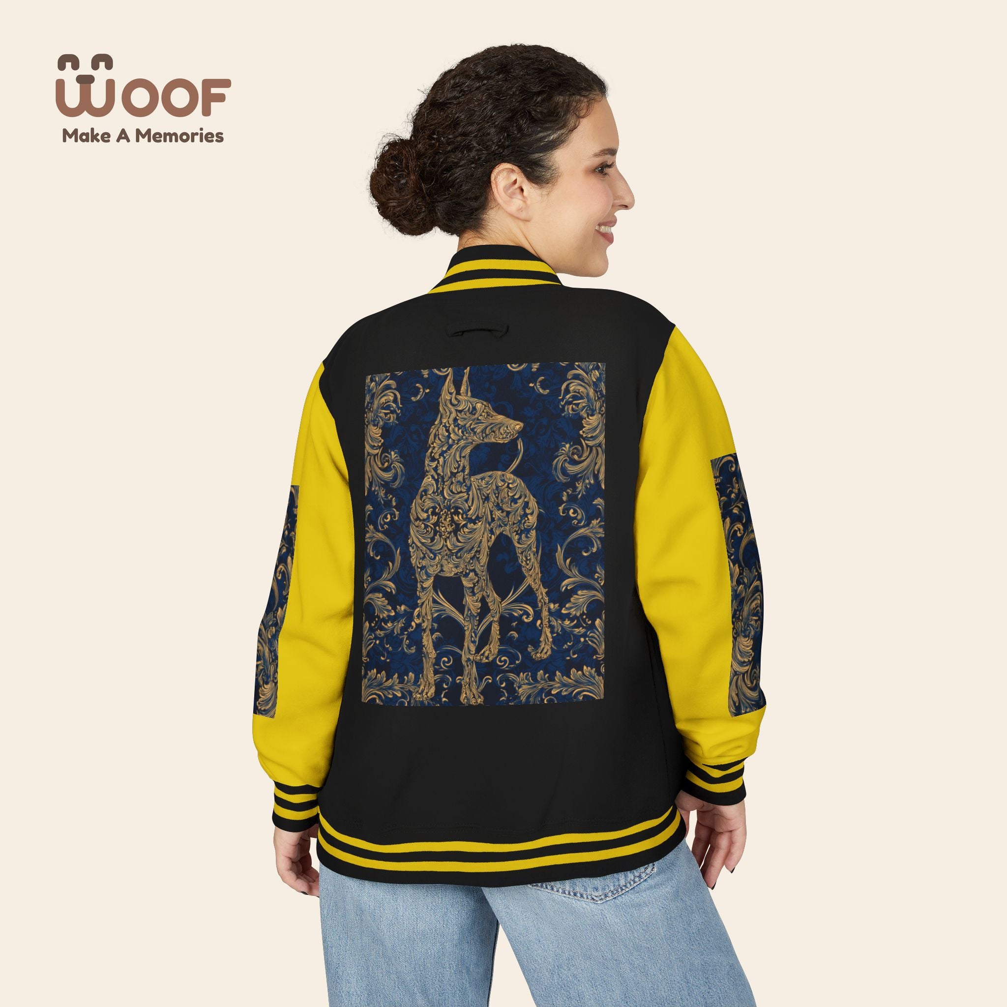 Stylish Unisex Heavyweight Letterman Jacket for Pet Lovers | Woof Design, Dog Jacket, Dog Lover Gift, Trendy Outerwear, Casual Fashion