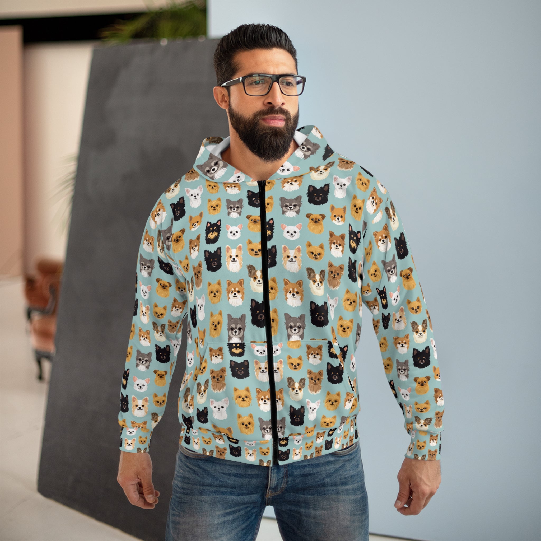 Cute Cat Pattern Unisex Zip Hoodie, Cozy Pet Lover's Sweatshirt, Gift for Cat Lovers, Unique Animal Print Hoodie, Perfect for Everyday Wear