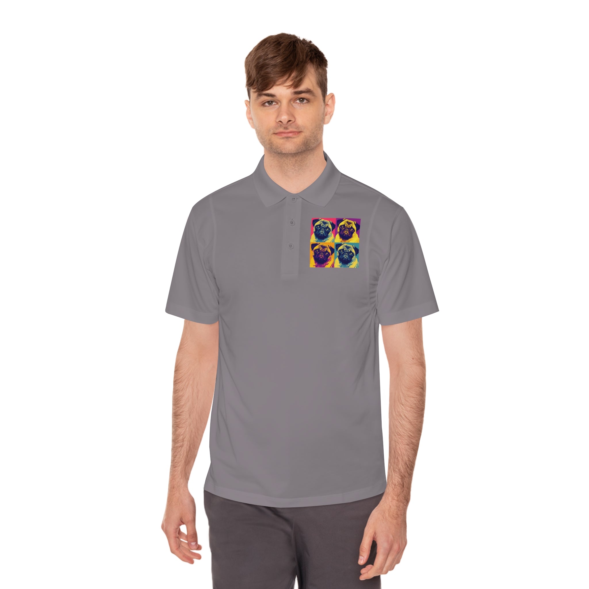 Men's Sport Polo Shirt with Colorful Pug Design, Fun Casual Wear, Dog Lover Gift, Unique Sports Polo, Stylish Outdoor Apparel