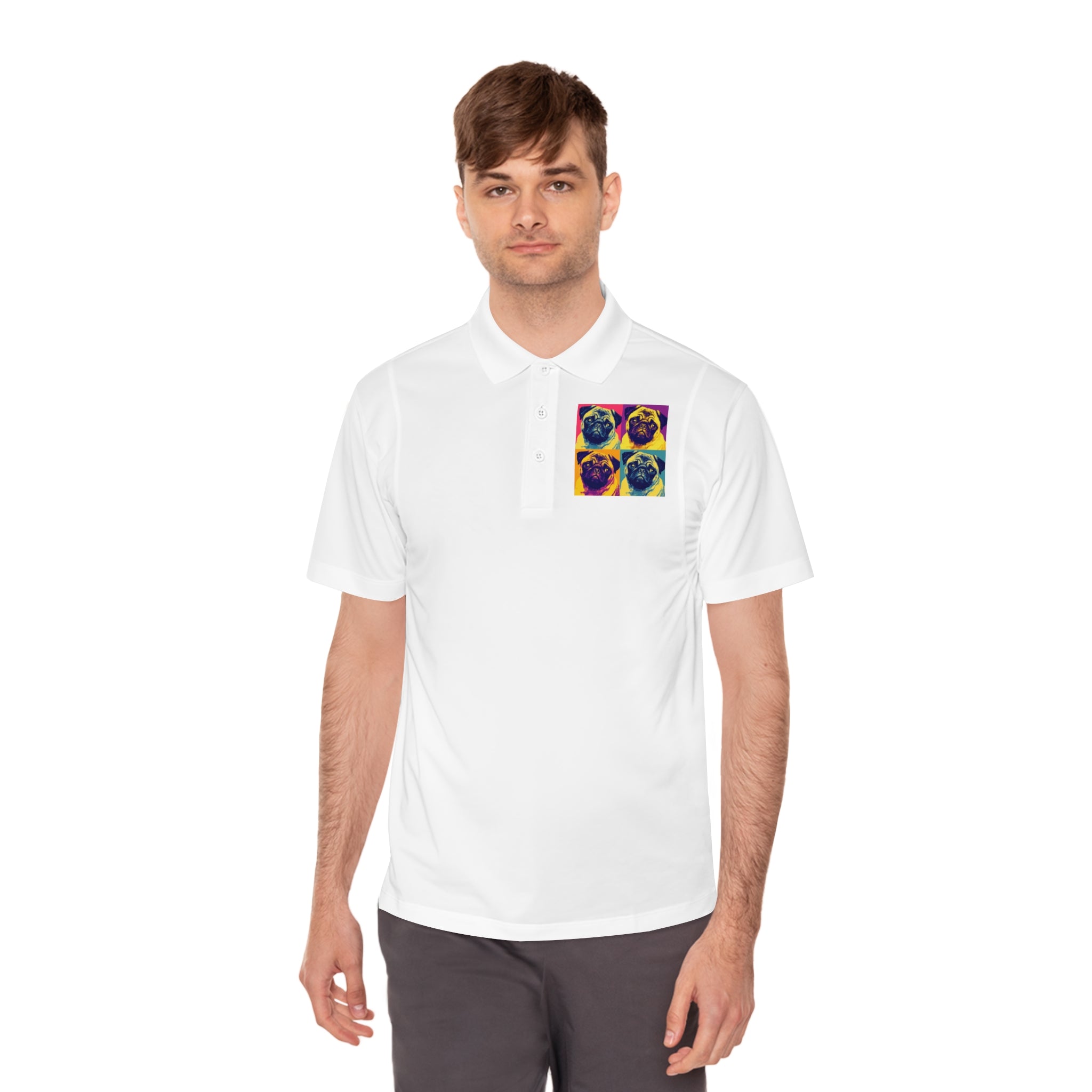 Men's Sport Polo Shirt with Colorful Pug Design, Fun Casual Wear, Dog Lover Gift, Unique Sports Polo, Stylish Outdoor Apparel