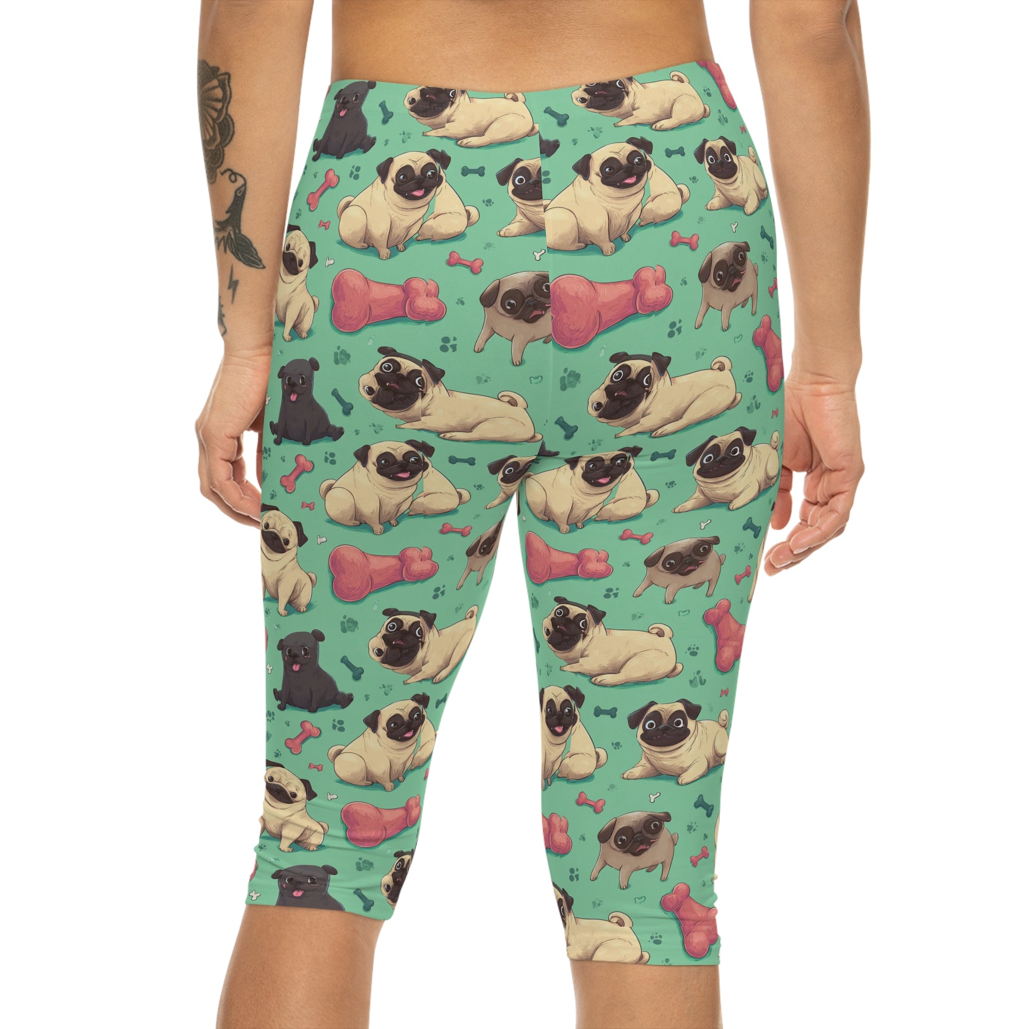 Playful Pug Pattern Capri Leggings for Women, Cute Workout Leggings, Pet Lover Apparel, Everyday Comfort, Gift for Dog Owners