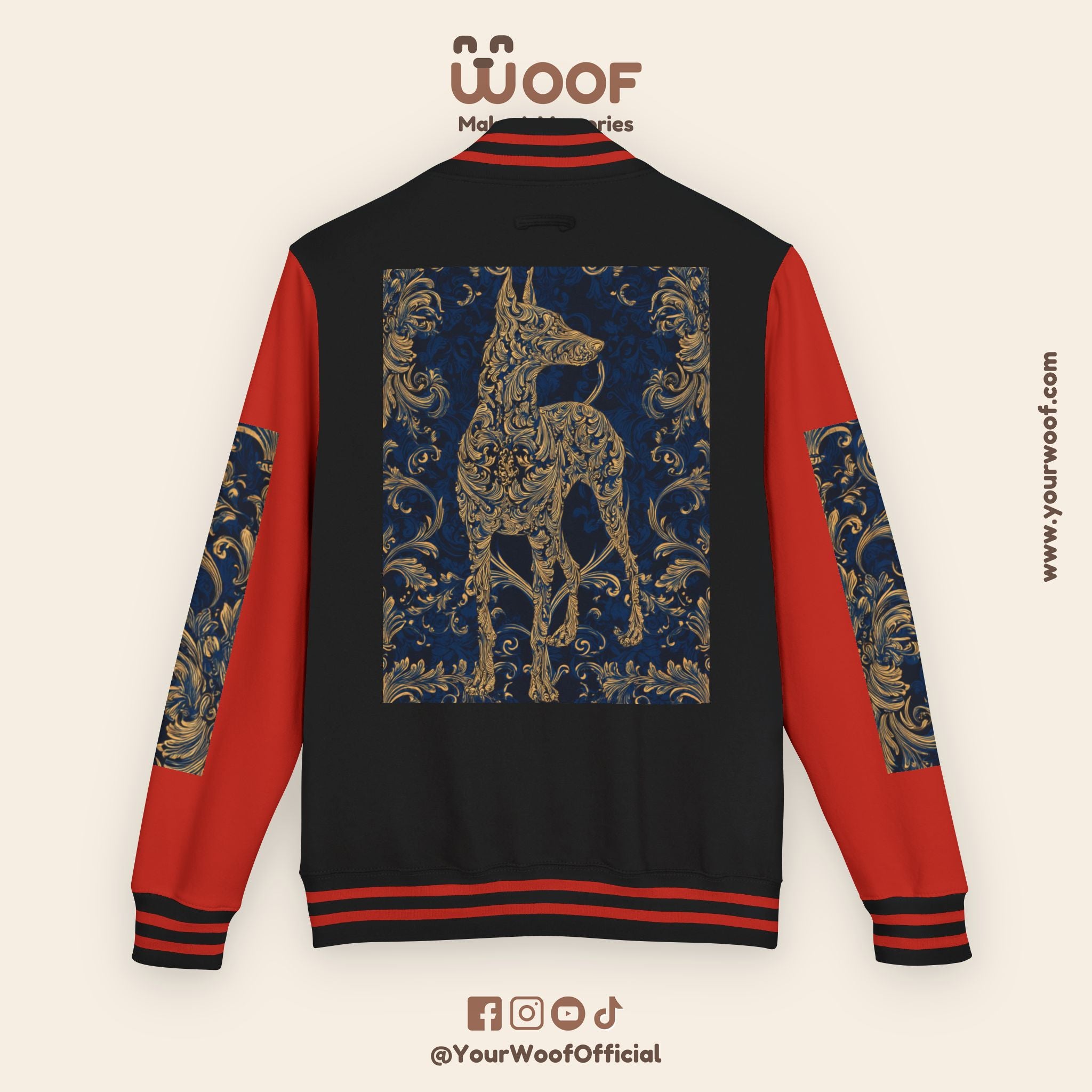 Stylish Unisex Heavyweight Letterman Jacket for Pet Lovers | Woof Design, Dog Jacket, Dog Lover Gift, Trendy Outerwear, Casual Fashion