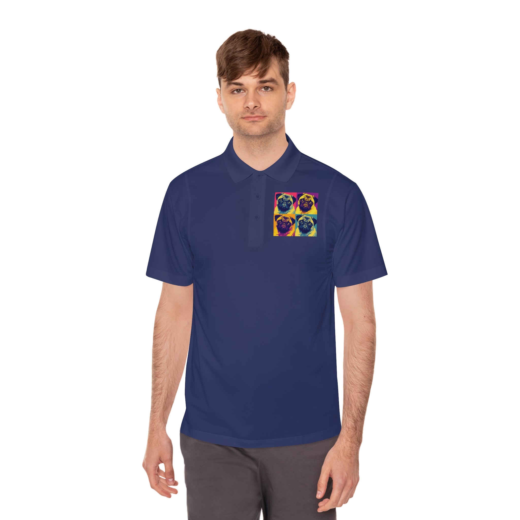 Men's Sport Polo Shirt with Colorful Pug Design, Fun Casual Wear, Dog Lover Gift, Unique Sports Polo, Stylish Outdoor Apparel