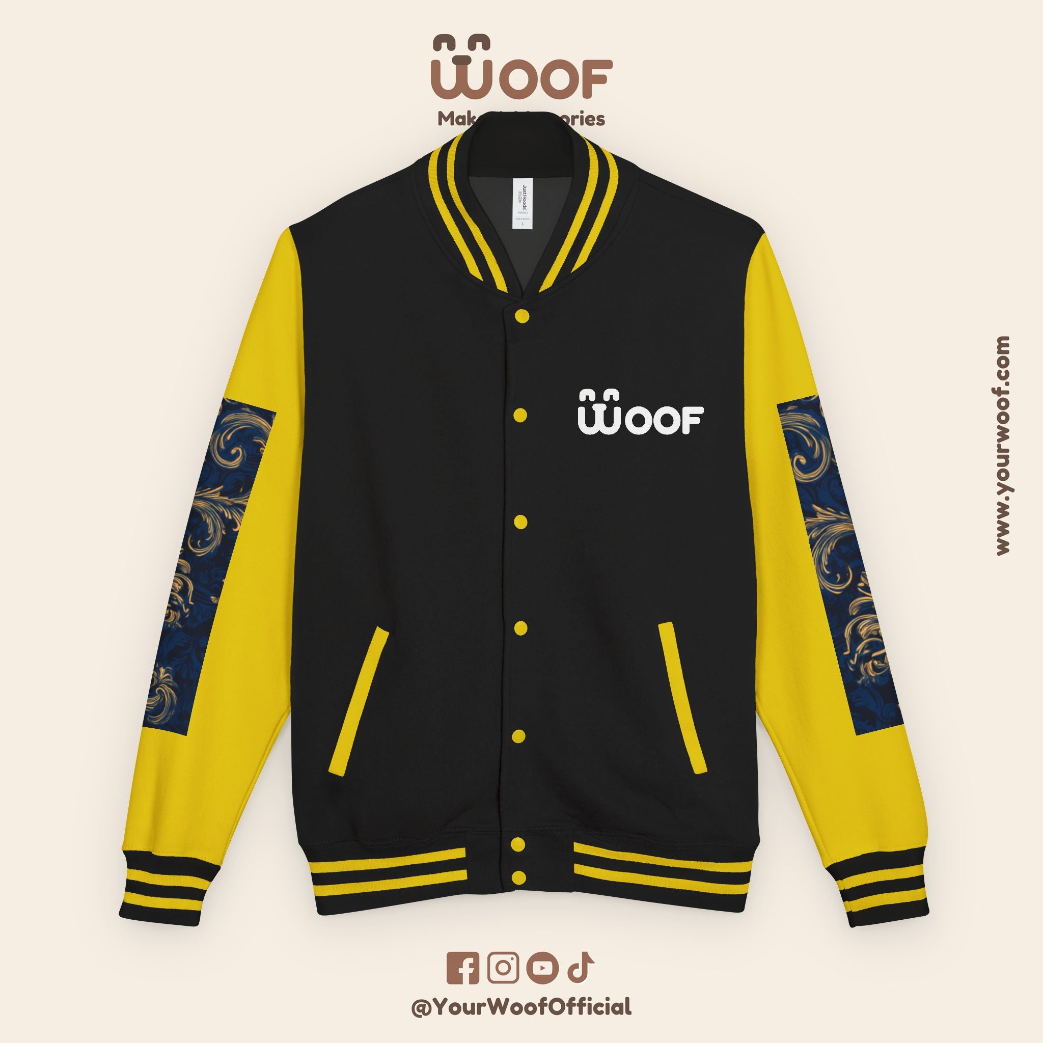 Stylish Unisex Heavyweight Letterman Jacket for Pet Lovers | Woof Design, Dog Jacket, Dog Lover Gift, Trendy Outerwear, Casual Fashion