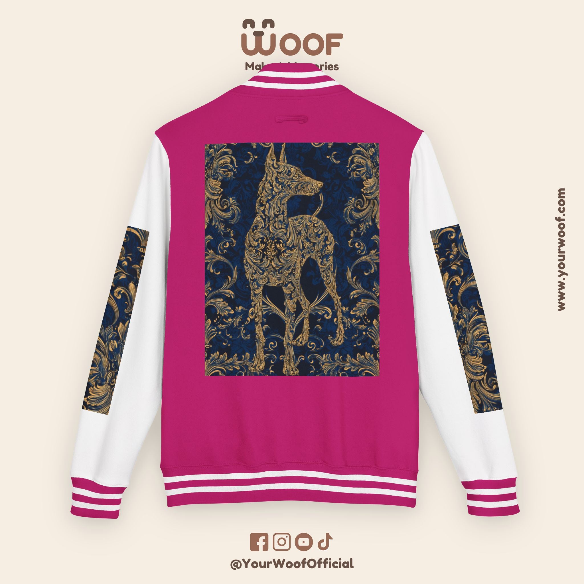Stylish Unisex Heavyweight Letterman Jacket for Pet Lovers | Woof Design, Dog Jacket, Dog Lover Gift, Trendy Outerwear, Casual Fashion
