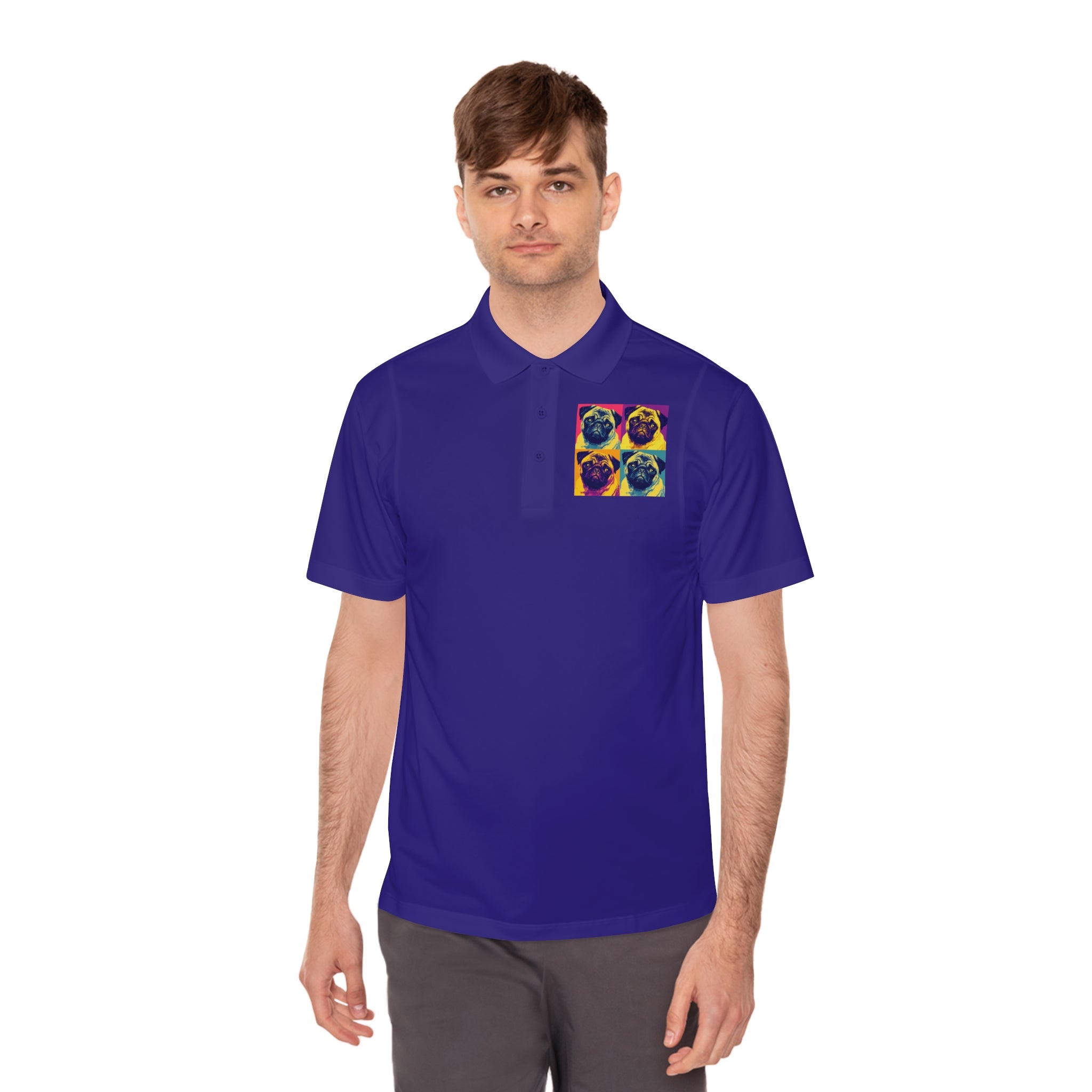 Men's Sport Polo Shirt with Colorful Pug Design, Fun Casual Wear, Dog Lover Gift, Unique Sports Polo, Stylish Outdoor Apparel