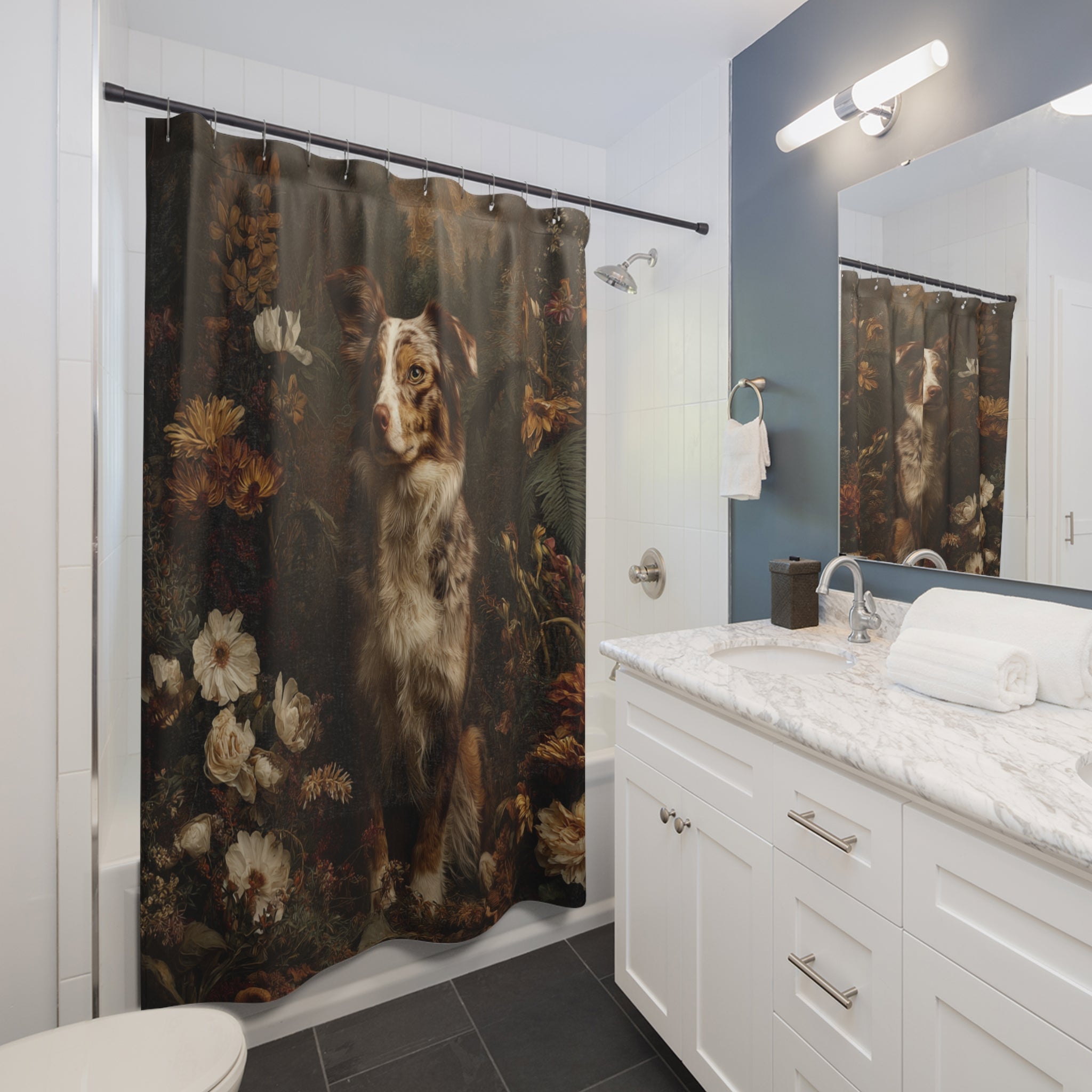Rustic Dog Shower Curtain - Vintage Floral Design for Dog Lovers