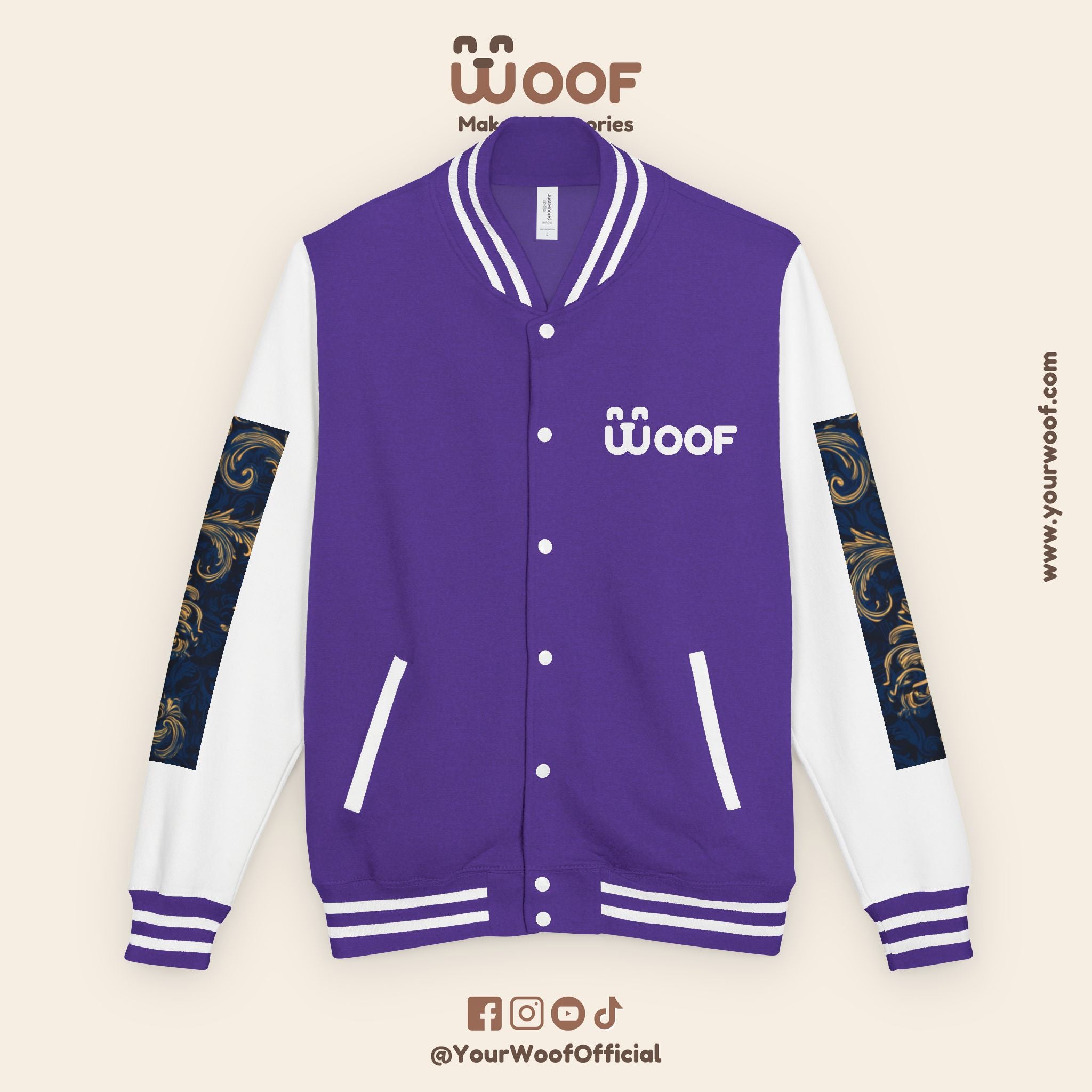 Stylish Unisex Heavyweight Letterman Jacket for Pet Lovers | Woof Design, Dog Jacket, Dog Lover Gift, Trendy Outerwear, Casual Fashion
