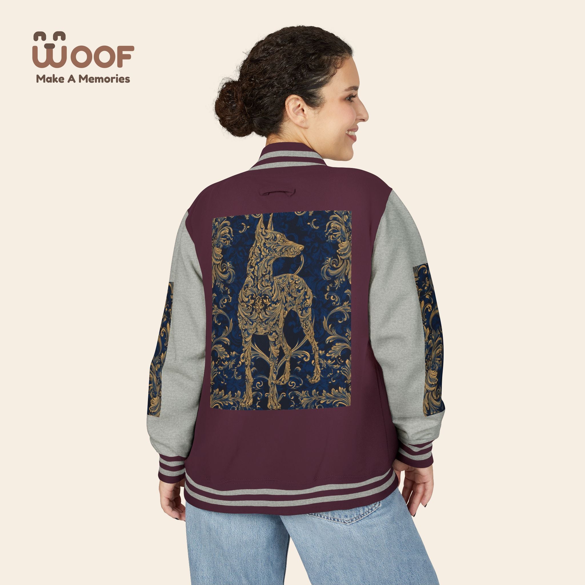 Stylish Unisex Heavyweight Letterman Jacket for Pet Lovers | Woof Design, Dog Jacket, Dog Lover Gift, Trendy Outerwear, Casual Fashion