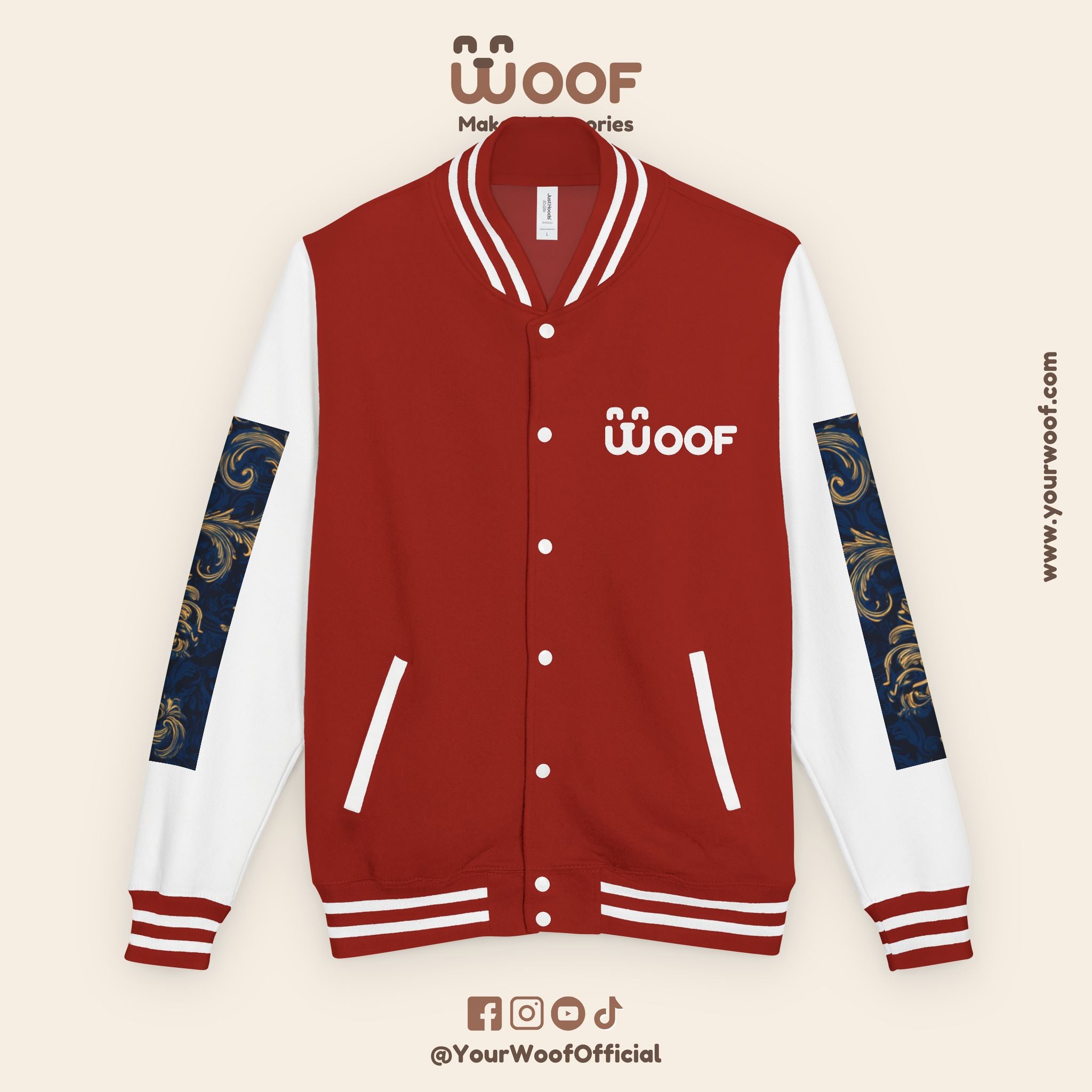 Stylish Unisex Heavyweight Letterman Jacket for Pet Lovers | Woof Design, Dog Jacket, Dog Lover Gift, Trendy Outerwear, Casual Fashion