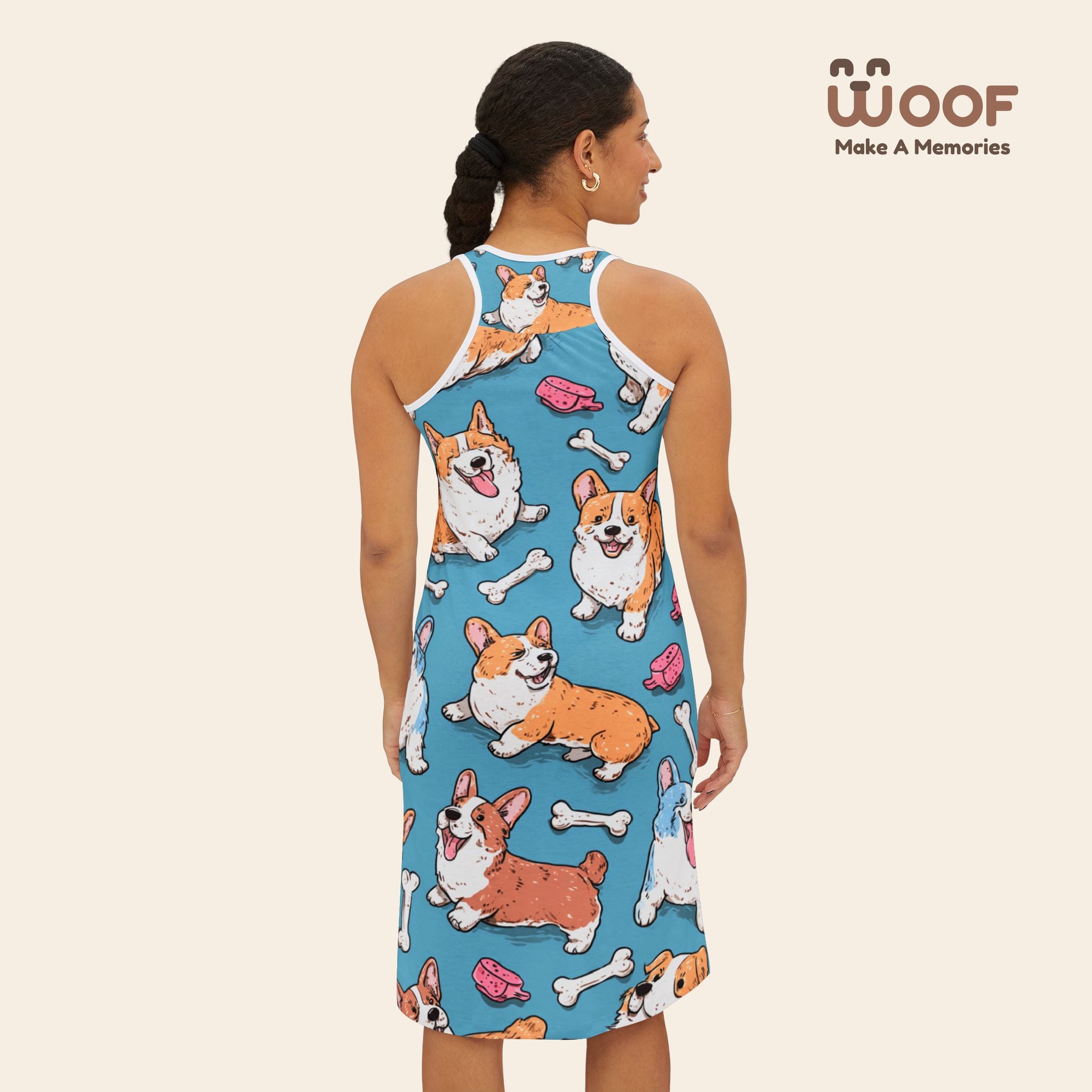 Cute Corgi Pattern Women's Racerback Dress, Dog Lover Fashion, Summer Dress, Pet-Themed Apparel, Cute Gift for Dog Owners, Fun Beachwear