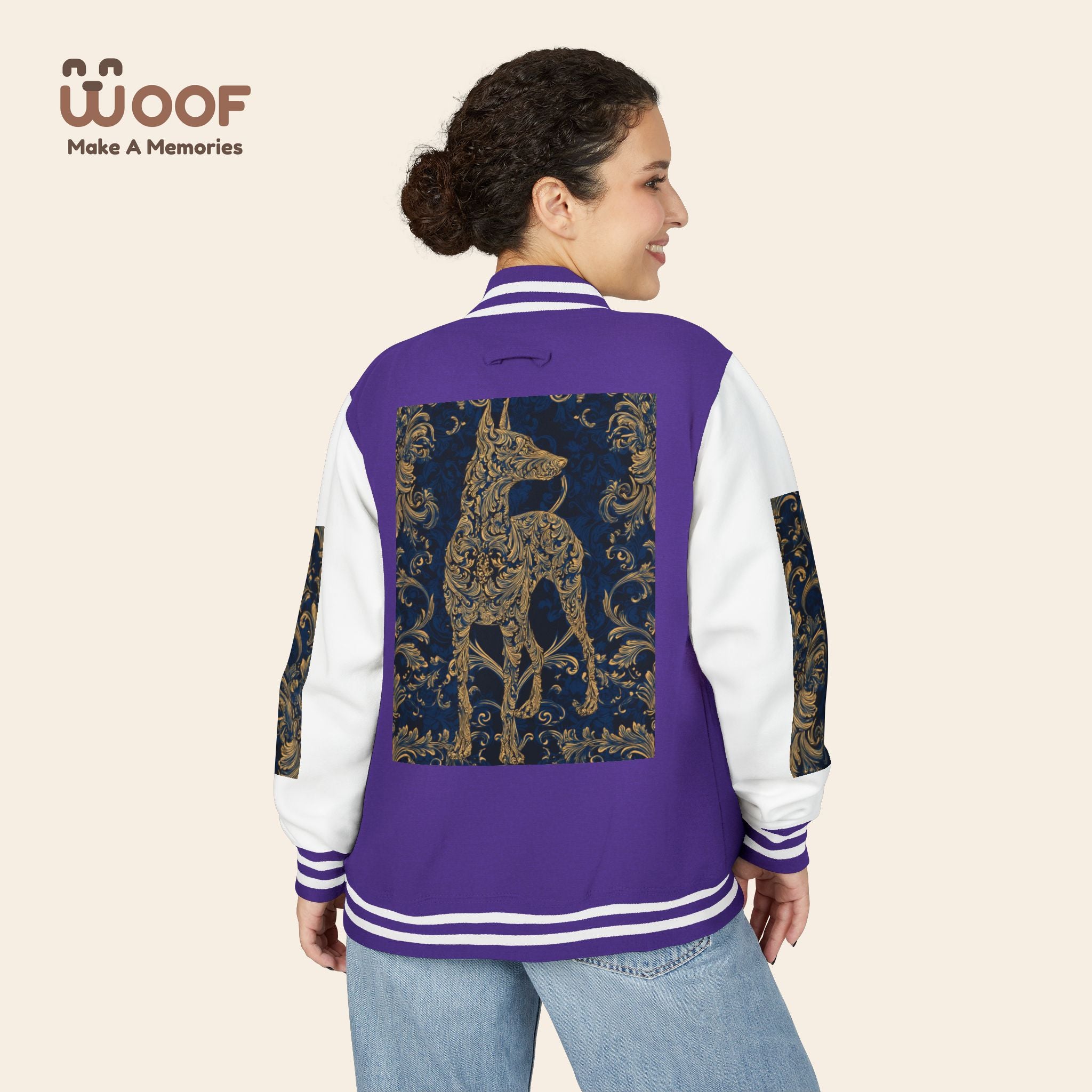 Stylish Unisex Heavyweight Letterman Jacket for Pet Lovers | Woof Design, Dog Jacket, Dog Lover Gift, Trendy Outerwear, Casual Fashion