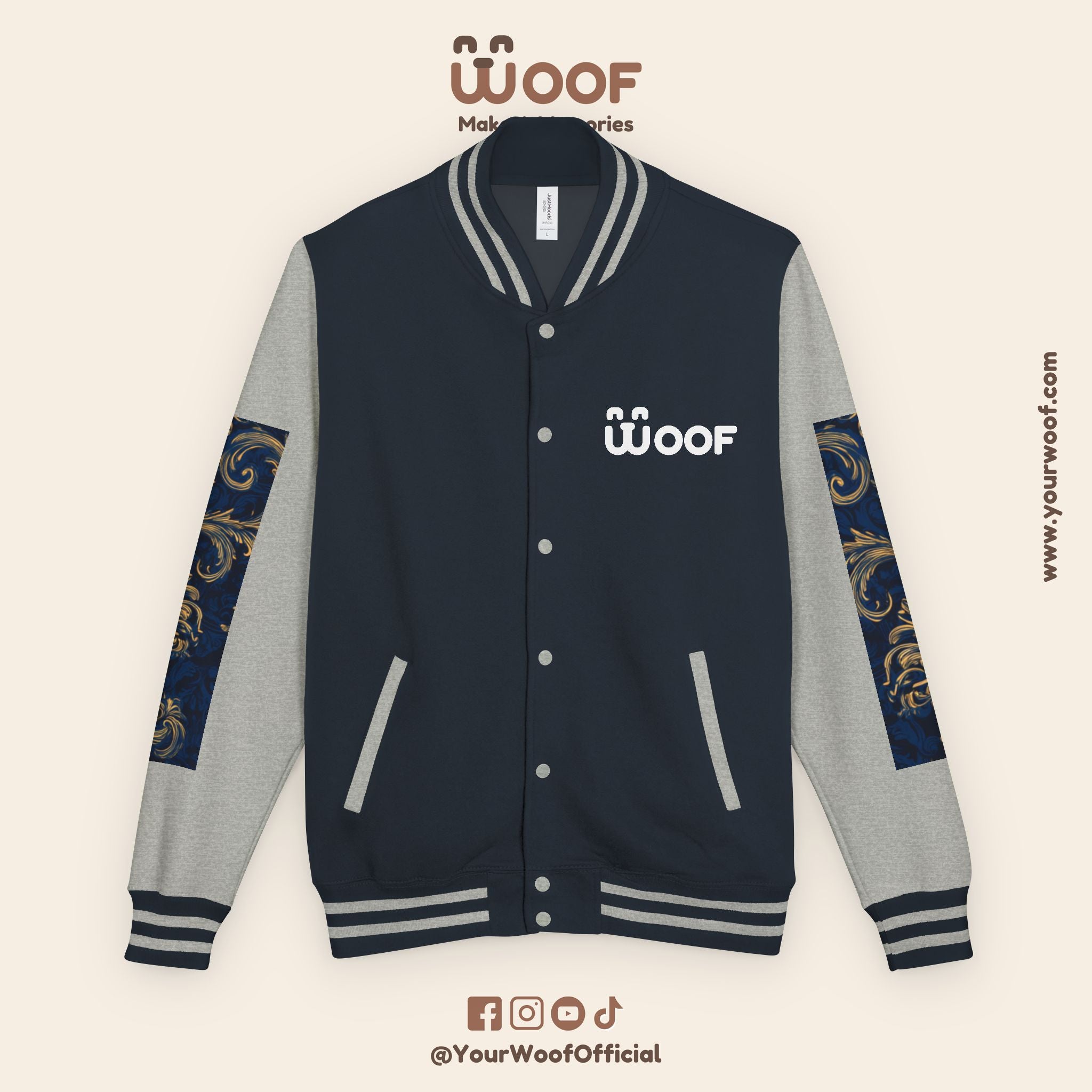 Stylish Unisex Heavyweight Letterman Jacket for Pet Lovers | Woof Design, Dog Jacket, Dog Lover Gift, Trendy Outerwear, Casual Fashion