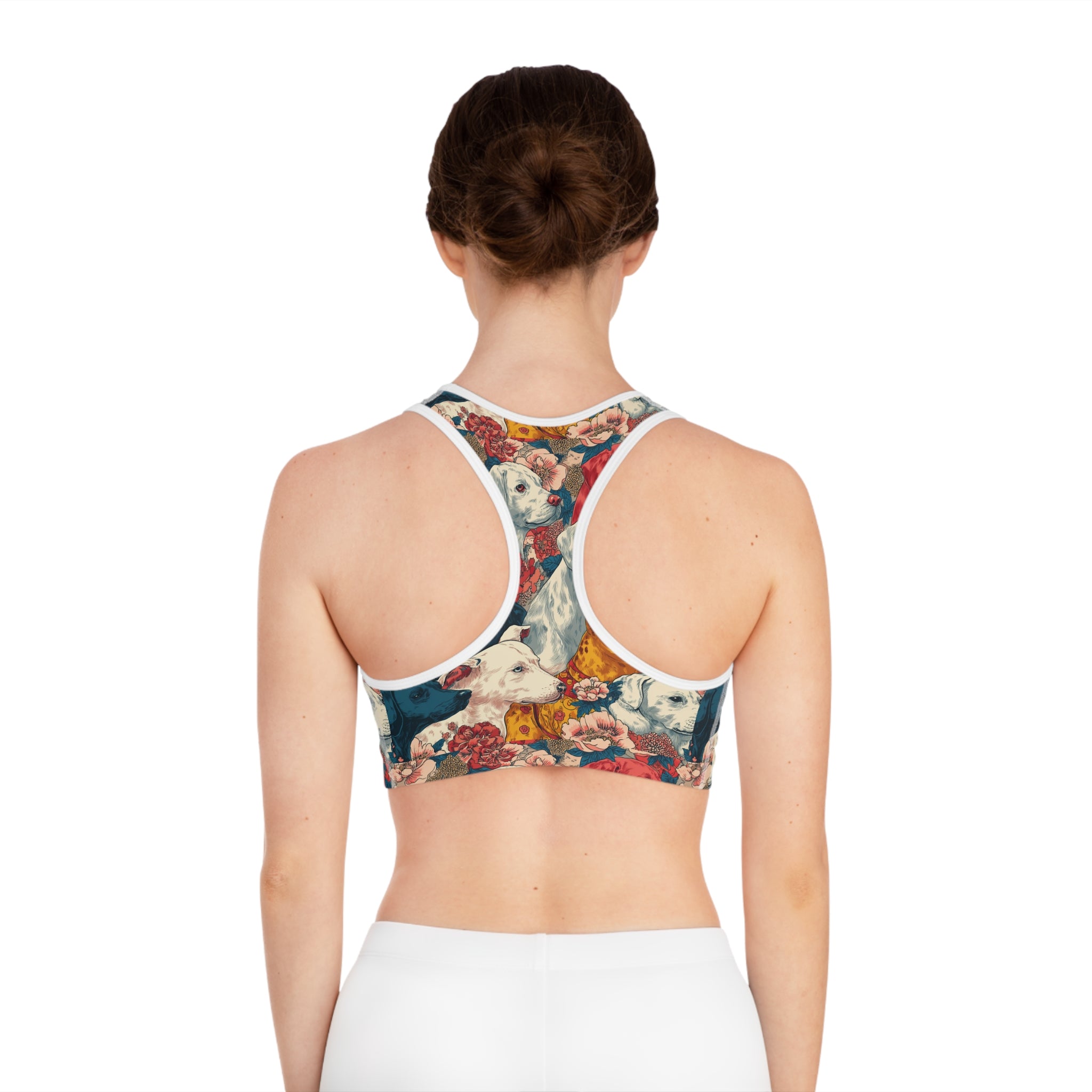 Whimsical Dog Print Sports Bra, Pet Lover Workout Top, Floral Gym Bra, Cute Activewear for Dog Moms, Gift for Dog Lovers