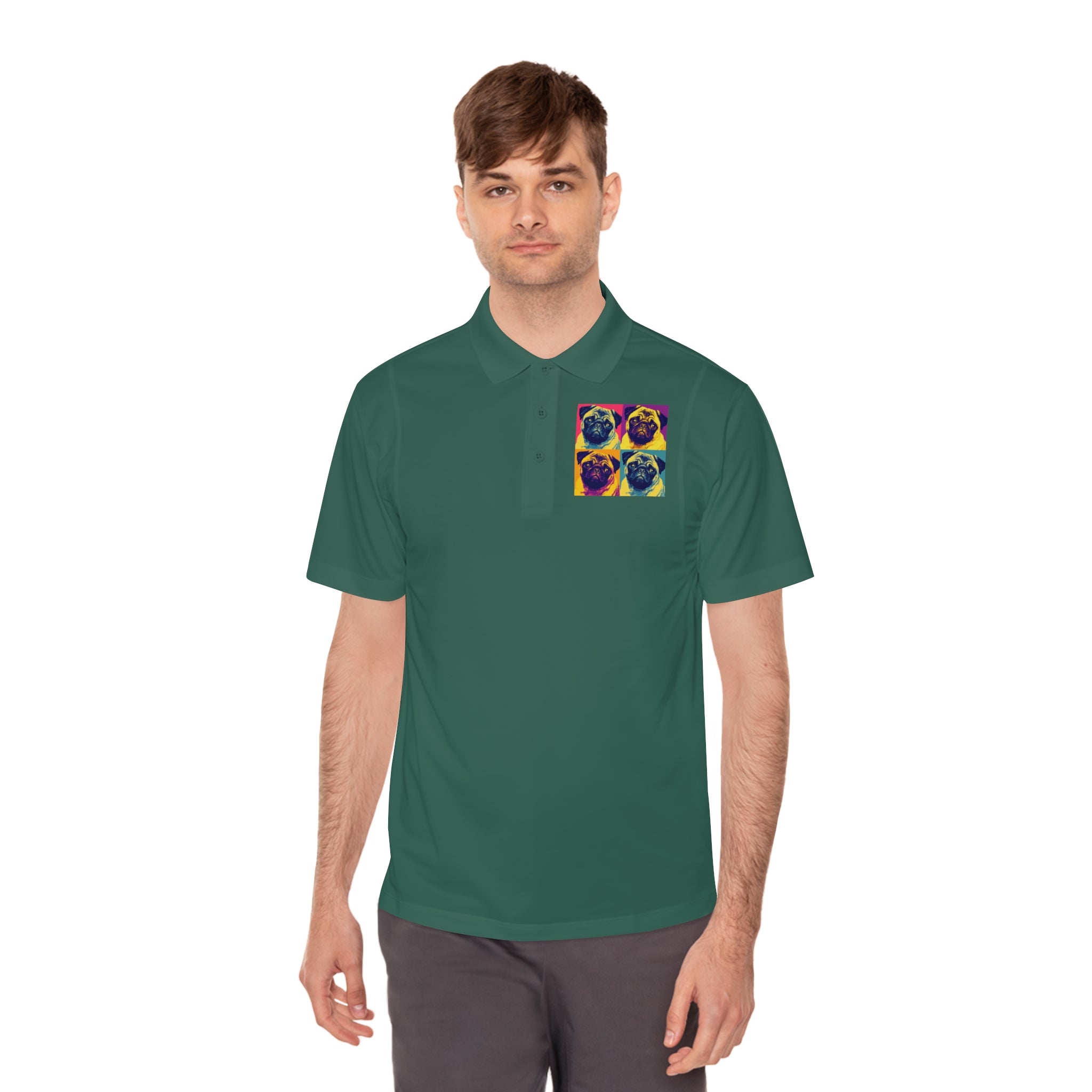 Men's Sport Polo Shirt with Colorful Pug Design, Fun Casual Wear, Dog Lover Gift, Unique Sports Polo, Stylish Outdoor Apparel
