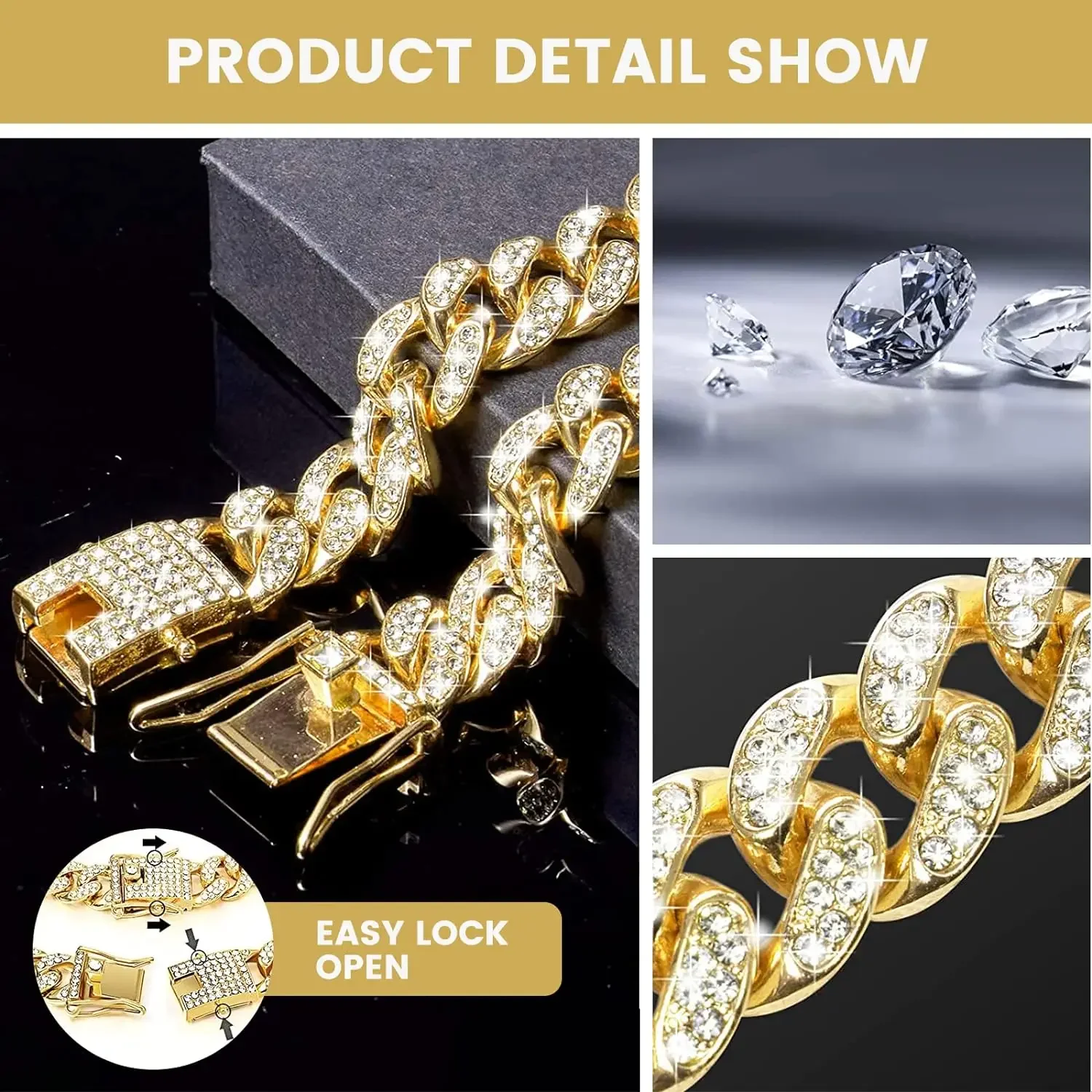 Dog Chain Diamond Cuban Collar Walking Metal Chain Collar with Design Secure Buckle, Pet Cat Cuban Collar Jewelry Accessories - Image 6