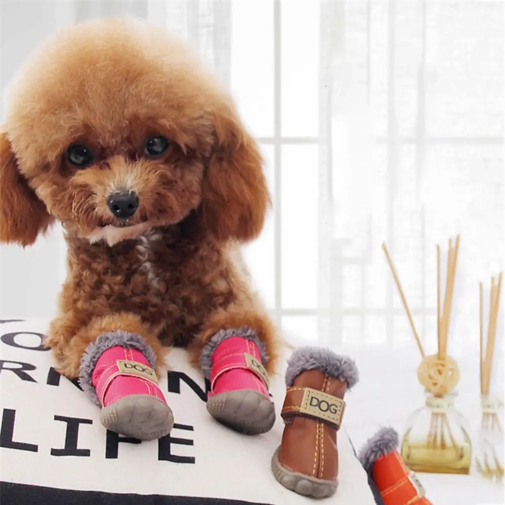 Soft Pet Snow Boots Fashion Waterproof Non Slip Winter Pet Dog Shoes Plush/PU Warm for 4Pcs/Set - photo 5