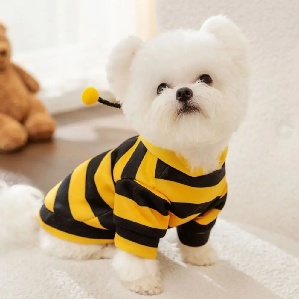 Soft Pet Bee Costume Hooded Breathable Winter Warm Bee Cosplay Costume Stripes Design Cat Holiday Cosplay Clothes Pet Supplies - Image 3